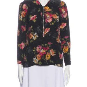Black sheer blouse with floral pattern and three quarter zip accent